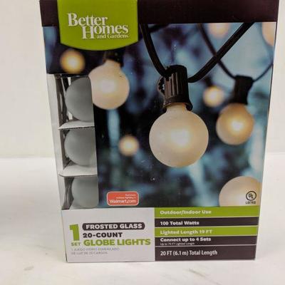 2 Sets Frosted Glass Globe Lights, 20-Count, Lighted Length 19ft, 100W - New