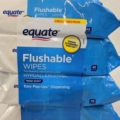 5 Reclosable Packs, Flushable Wipes, Hypoallergenic, Fresh Scent, Equate - New