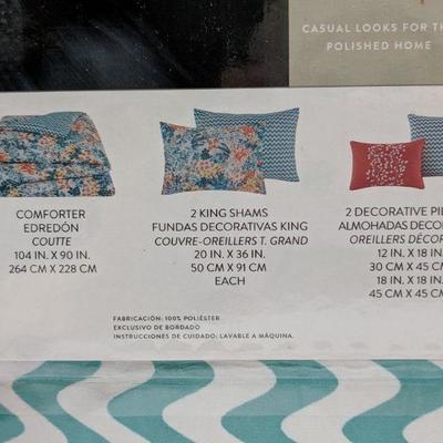 King Kayla Blue/Coral 5PC Comforter Set, Comforter, King Shams & Pillows - New