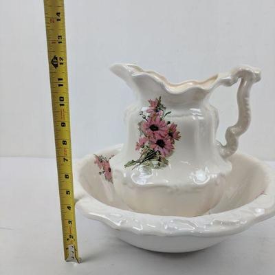 Vintage Pitcher & Basin, Cream with Flowers