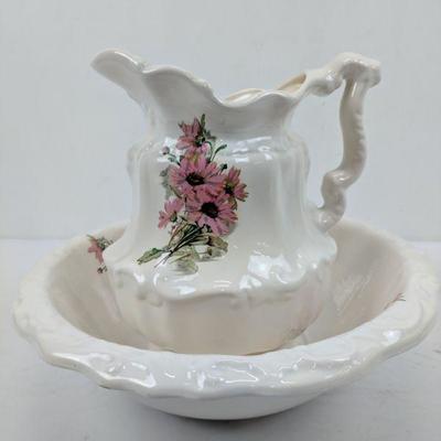 Vintage Pitcher & Basin, Cream with Flowers