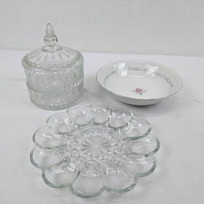 Cut Glass Candy Dish, Royal Swirl China Bowl & Deviled Egg Glass Dish