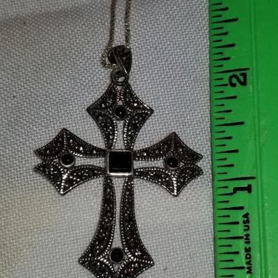 Sterling, marcasite and onyx cross