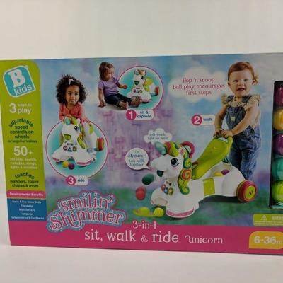 smilin shimmer 3 in 1 sit walk and ride unicorn