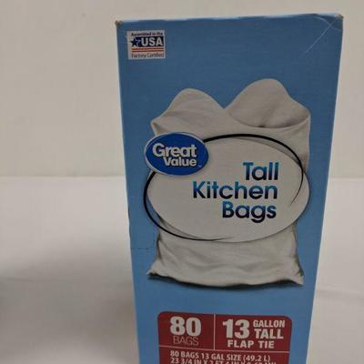 2 Boxes of 80 Bags, 13 Gallon Tall Flap Tie, Great Value - New