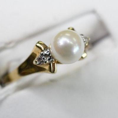 14K Gold Natural Diamond & Pearl Ring