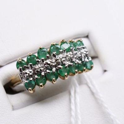 10K Yellow Gold Natural Diamond & Emerald Cocktail Ring