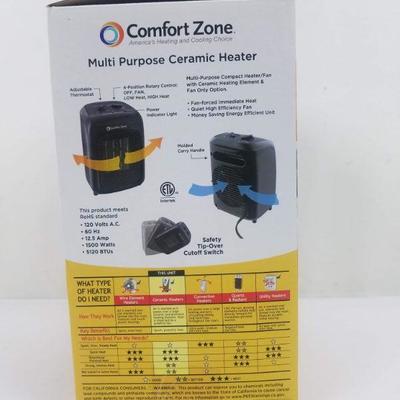 Comfort Zone Multi Purpose Compact Ceramic Heater. Open Box, Tested, Works - New