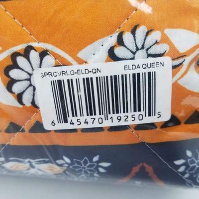 3 pc Printed Reversible Coverlet Set, Size Full/Queen, Oranges & Navy - New