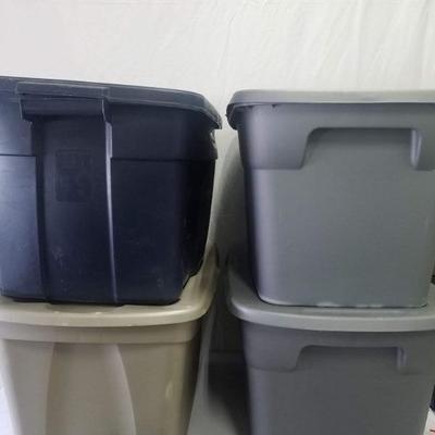 4 Storage Totes with Lids: Navy, Brown, 2 Gray. 31 & 30 gallons