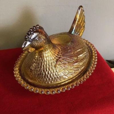 Carnival Glass covered chicken dish 