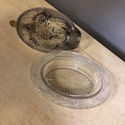 Antique covered duck dish glass 