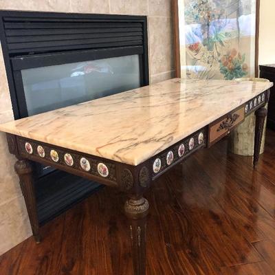 Antique Spainish Marble Brass Enamel Coffee Table