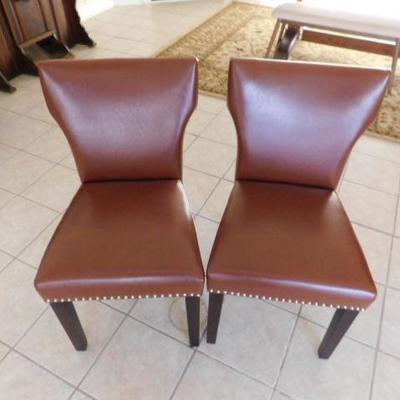 Set of Brown Leather Chairs with Brass Tack Accents