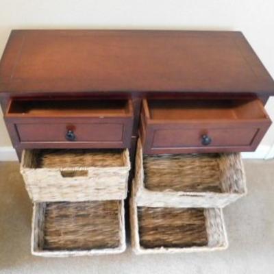 Walnut Wood Cabinet w/ Drawers and Wicker Weave Storage Bins 30