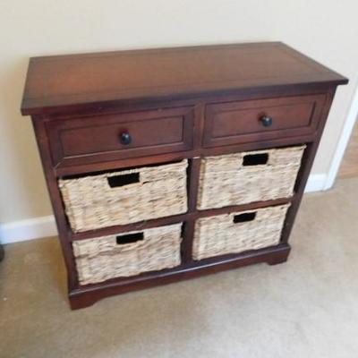Walnut Wood Cabinet w/ Drawers and Wicker Weave Storage Bins 30