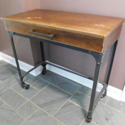 Industrial Metal Frame Work Roll Table with Maple Wood Top & Drawer 