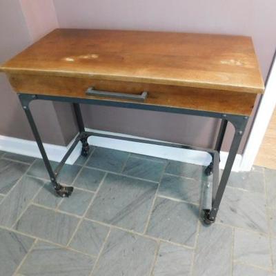 Industrial Metal Frame Work Roll Table with Maple Wood Top & Drawer 