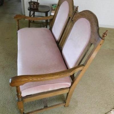 Antique Oak Frame Double Back Upholstered Bench 43