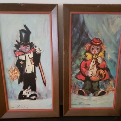 Set of 2 Ozz Franca Framed Vintage '60s Clown Paintings Hobo Art