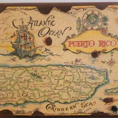 Interesting Vintage Puerto Rico Wood Map Artwork