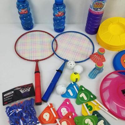 Misc Outdoor Toys. Bubbles, Badminton, Frisbees, etc with Blue Basket