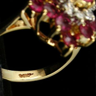 SIGNED VINTAGE NATURAL 2.0ctw RUBY DIAMOND HALO 14K GOLD BALLERINA CLUSTER RING