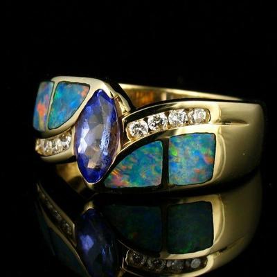 ASHER SIGED NATURAL TANZANITE SOLID BLACK OPAL INLAY DIAMOND 14K GOLD BAND RING