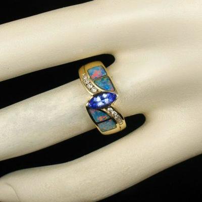 ASHER SIGED NATURAL TANZANITE SOLID BLACK OPAL INLAY DIAMOND 14K GOLD BAND RING