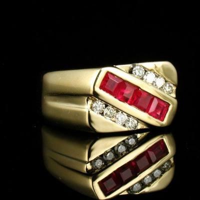 MENS SQUARE CUT NATURAL 3/4ctw RUBY & DIAMOND SOLID 14K YELLOW GOLD PINKY RING
