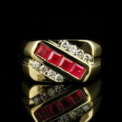 MENS SQUARE CUT NATURAL 3/4ctw RUBY & DIAMOND SOLID 14K YELLOW GOLD PINKY RING