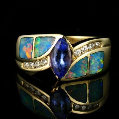 ASHER SIGED NATURAL TANZANITE SOLID BLACK OPAL INLAY DIAMOND 14K GOLD BAND RING