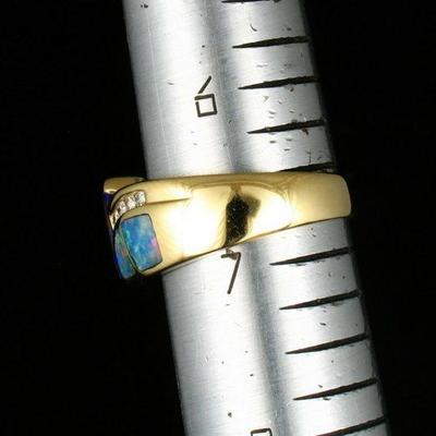 ASHER SIGED NATURAL TANZANITE SOLID BLACK OPAL INLAY DIAMOND 14K GOLD BAND RING