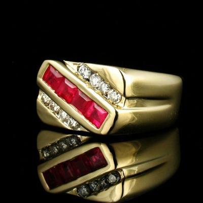 MENS SQUARE CUT NATURAL 3/4ctw RUBY & DIAMOND SOLID 14K YELLOW GOLD PINKY RING