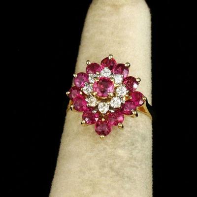 SIGNED VINTAGE NATURAL 2.0ctw RUBY DIAMOND HALO 14K GOLD BALLERINA CLUSTER RING