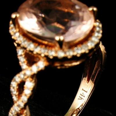 LEVIAN SIGNED NATURAL 5.74ctw MORGANITE & DIAMOND HALO 14K STRAWBERRY GOLD RING