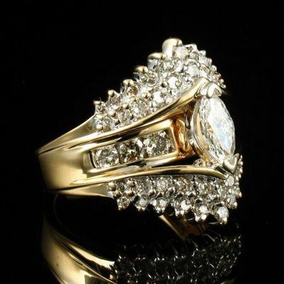 ZALES MARQUISE CUT NATURAL 2.35ctw DIAMOND SOLID 14K YELLOW GOLD CLUSTER RING
