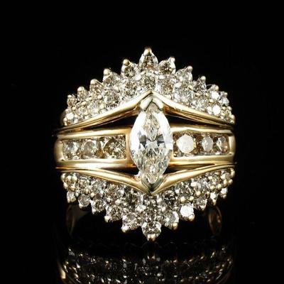 ZALES MARQUISE CUT NATURAL 2.35ctw DIAMOND SOLID 14K YELLOW GOLD CLUSTER RING