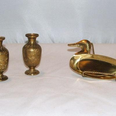  Lot of Brass Etched Vases Vintage Rocking Horse & Duck Tray