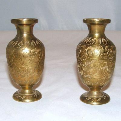  Lot of Brass Etched Vases Vintage Rocking Horse & Duck Tray