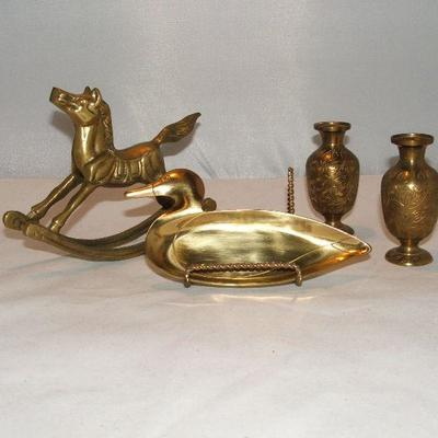  Lot of Brass Etched Vases Vintage Rocking Horse & Duck Tray