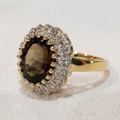 14k Large smokey Quartz Diamond ring inv# 7