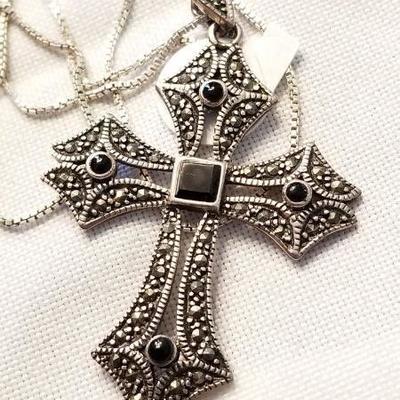 Sterling, marcasite and onyx cross