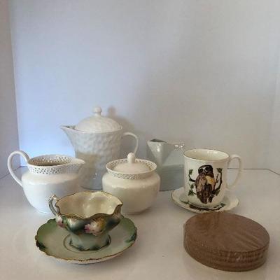 022: Assorted Teacups, Tea Pot, and Coaster Set