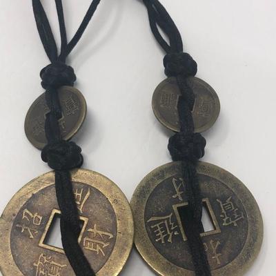 172:  Five Brass Chinese Coin Necklace on Kotted Black Cloth Strand