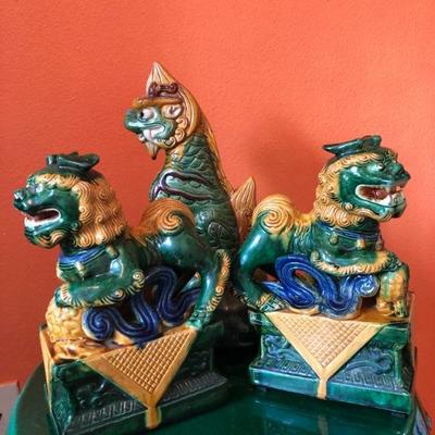 055:  Three Foo Dog Glazed Statues