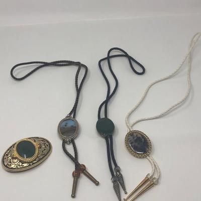 173:  Three Bolo Ties With Stone Inlay and Gold Toned Belt Buckle