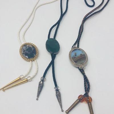 173:  Three Bolo Ties With Stone Inlay and Gold Toned Belt Buckle