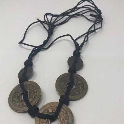 172:  Five Brass Chinese Coin Necklace on Kotted Black Cloth Strand