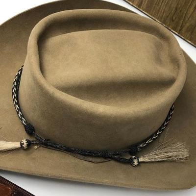 193: Resistol Western Leather Works Hand Creased Hat and Small Leather Belt
